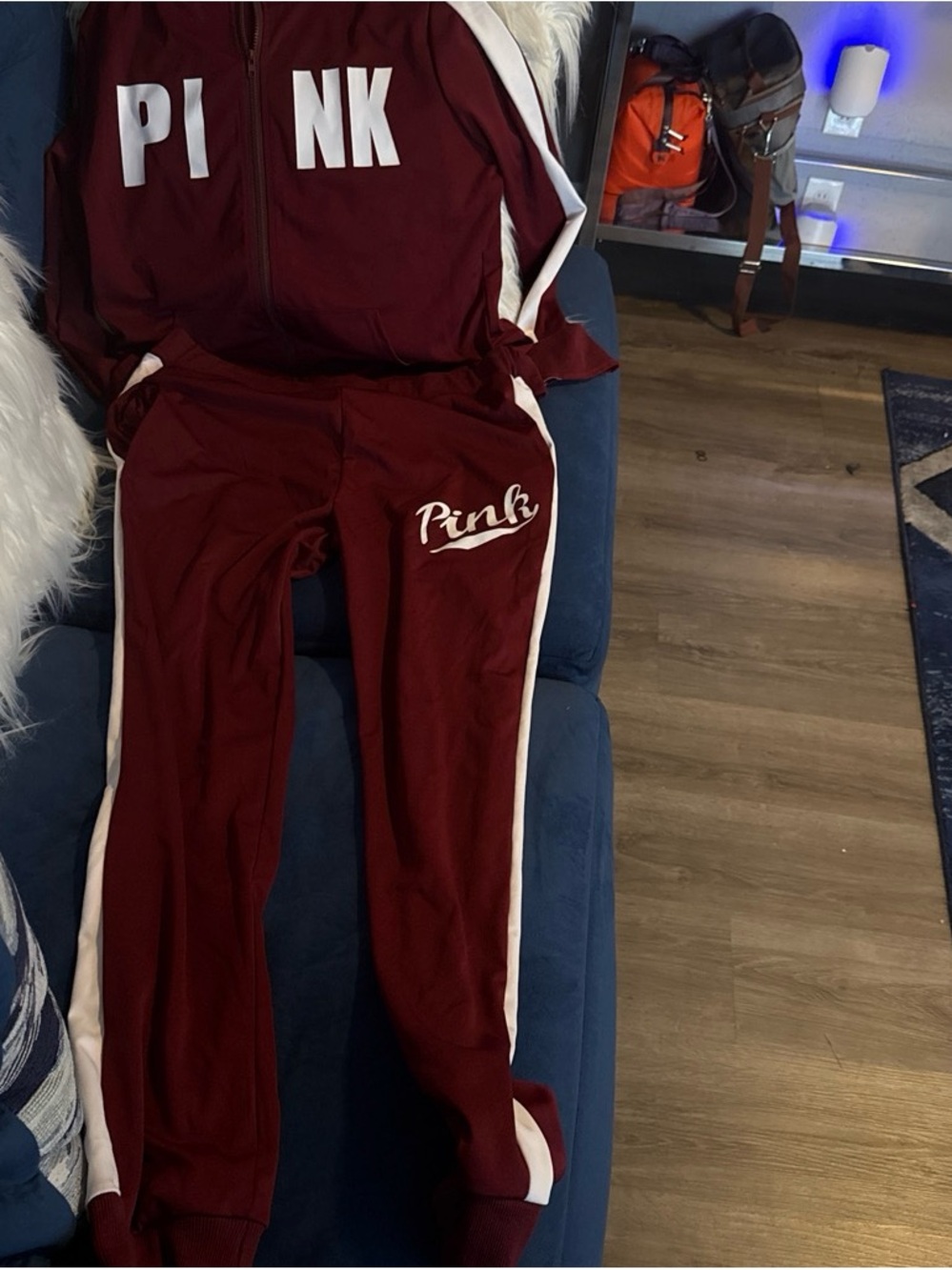 PINK Victoria's Secret Maroon Track Pants with White Side Stripes